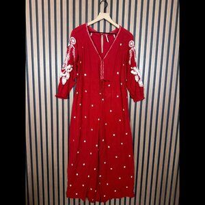 Free People Jumpsuit Small Red 3/4 Sleeve Fable Boho Puff Sleeve Gypsy